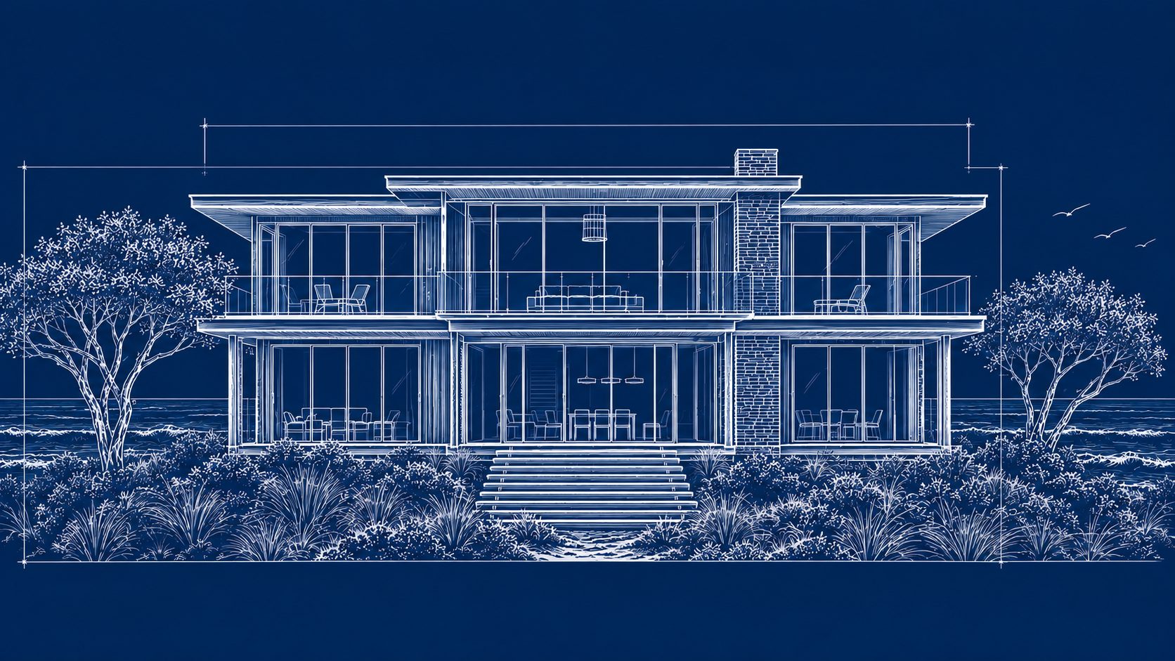 Blueprint drawing of a modern beachfront house, white line work on deep blue