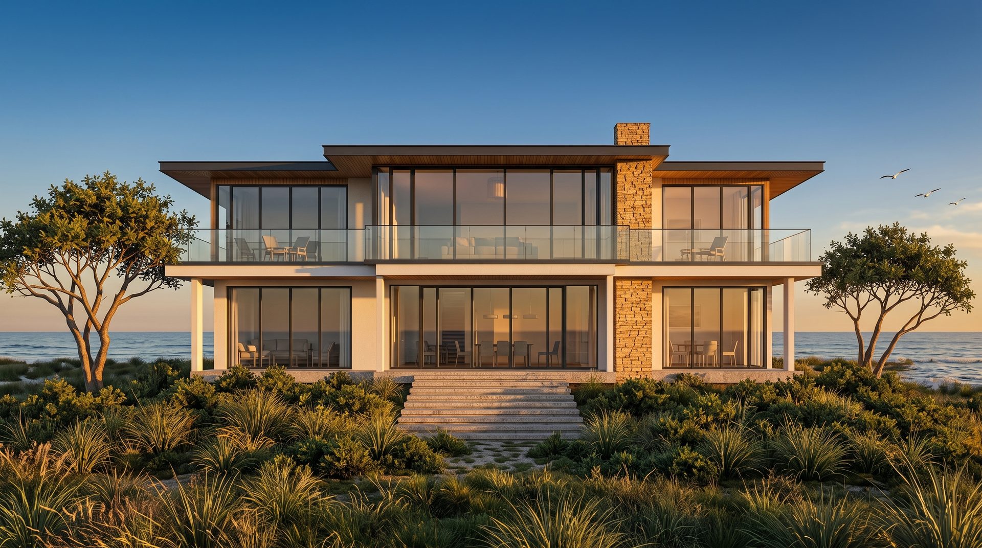 The same beachfront house, built, in late golden light