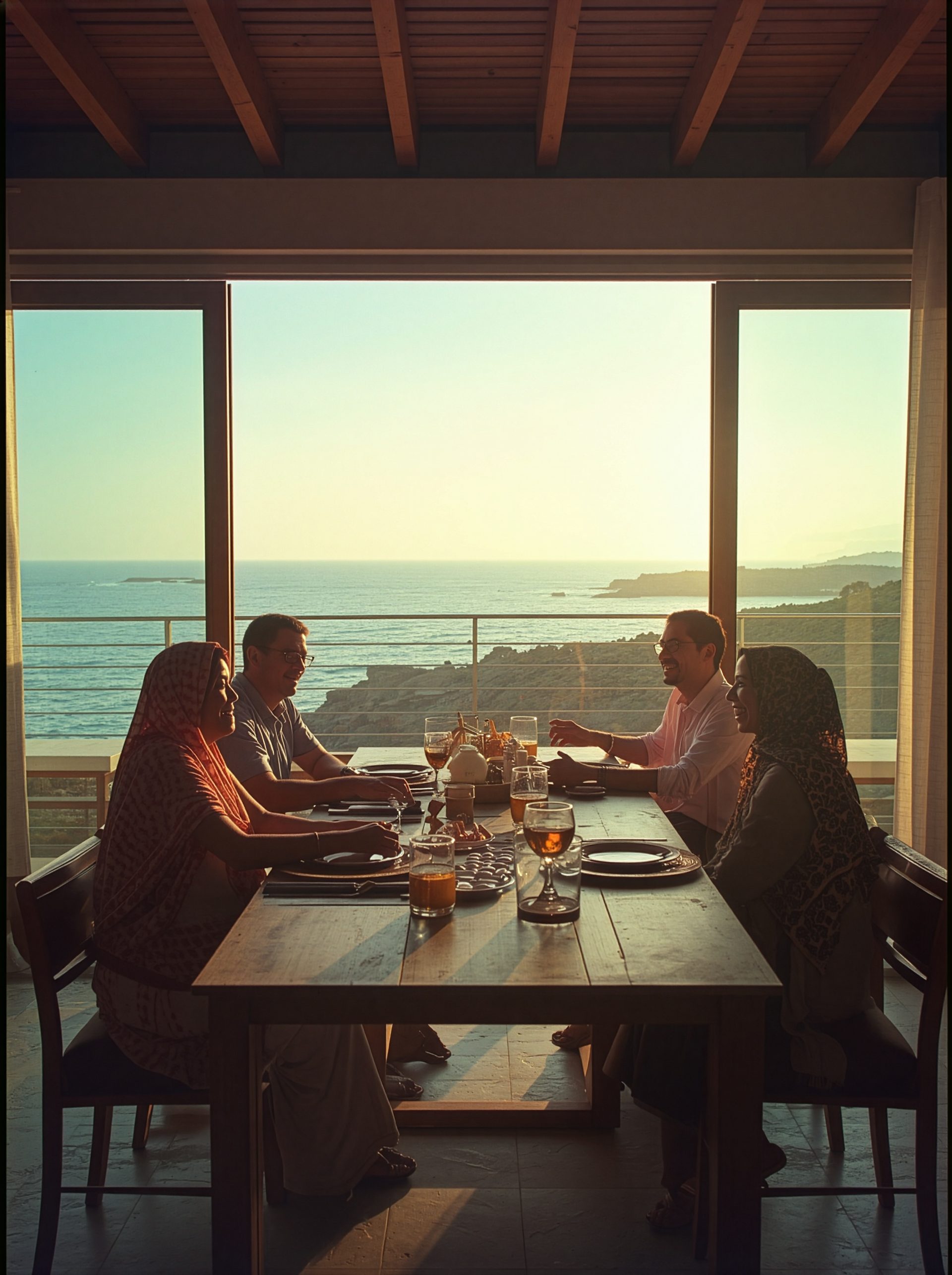 A family at a long table beside open glass doors, sea light coming in